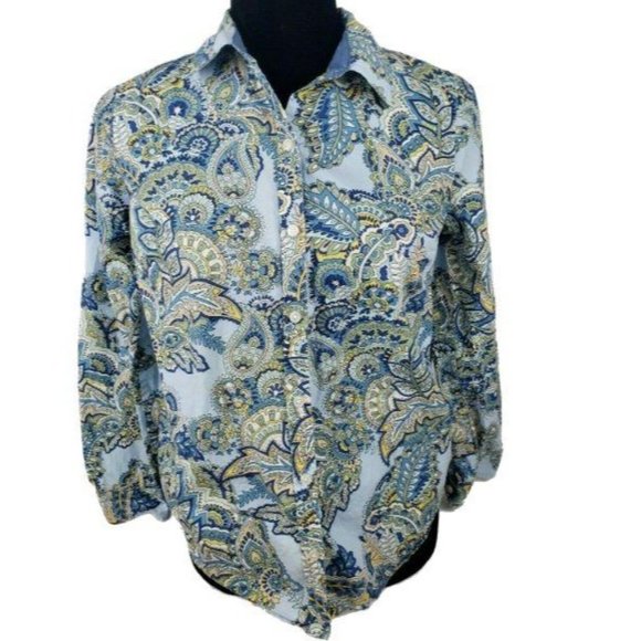Charter Club Button Front Shirt Womens Size 4P Blue Paisley Boho Long Sleeve - Picture 1 of 7